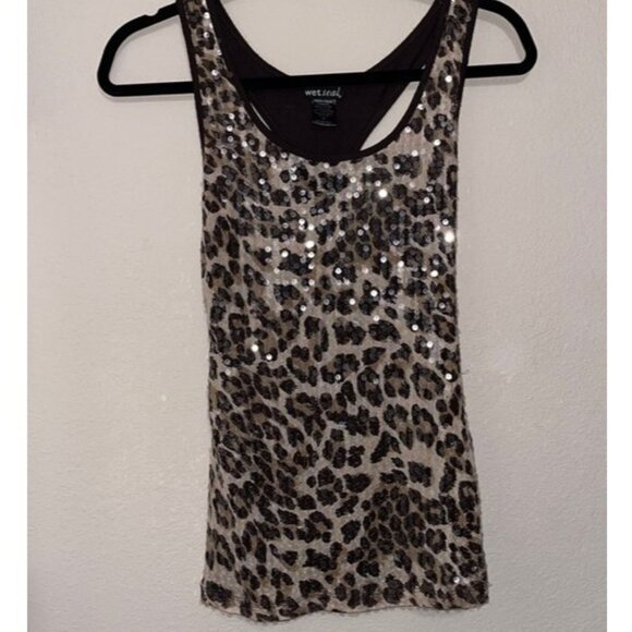 Vintage Y2k Wet Seal Leopard Print Sequin Bling Tank Top Size XL McBling Cheetah - Picture 1 of 9